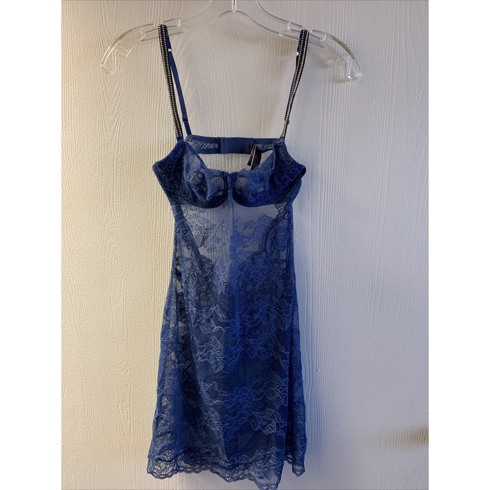 Victoria's Secret Nightie‎ S Blue Babydoll Rhinestone Straps Lace Slip Sheer
